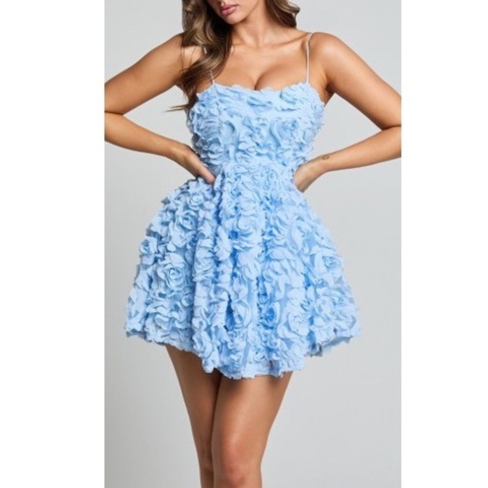 Angel Biba Light Blue 3D Floral Strap Mini Dress